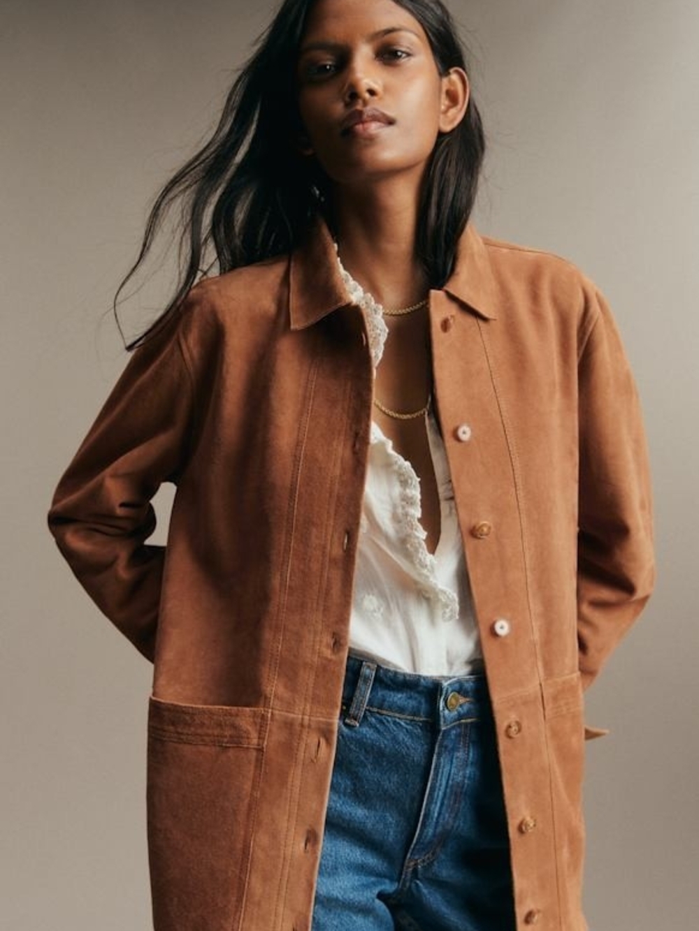 Sezane Will Jacket - Camel Suede Leather